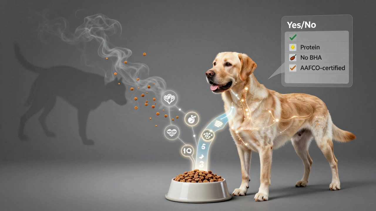 Dog with nutrient pathways glowing from healthy food, while processed kibble fades into smoke.