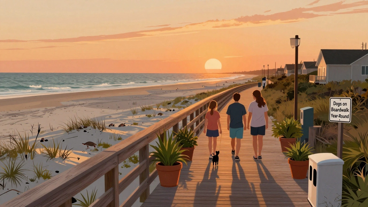 Family walking dog on wooden boardwalk above empty beach at dusk in Emerald Isle.