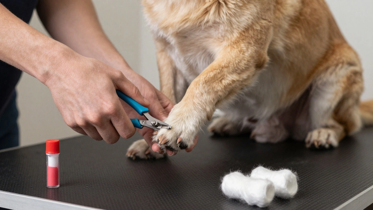 Person carefully trimming a dog's nails with clippers on a non-slip mat, styptic powder nearby.