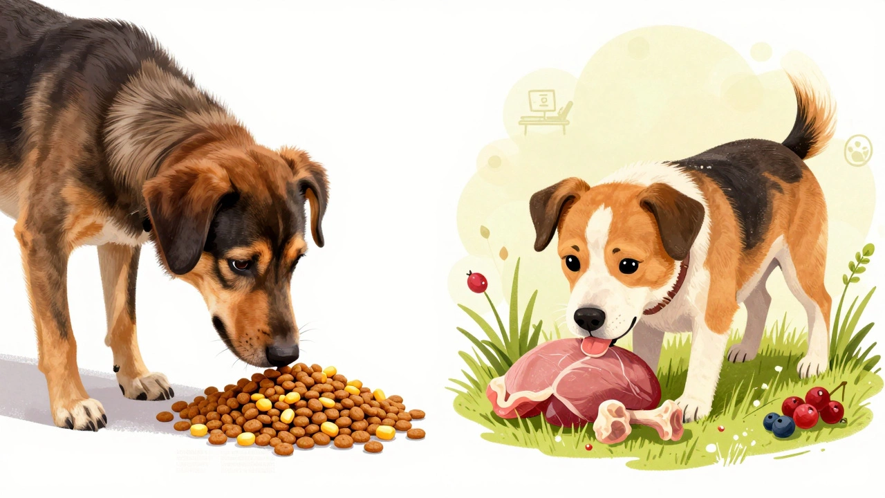 Side-by-side: a dull dog with low-quality kibble vs. a vibrant dog eating freeze-dried raw food.