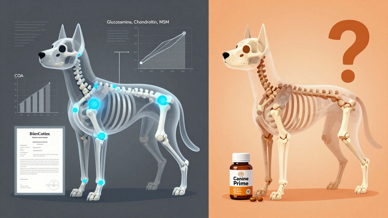 Split illustration comparing scientifically verified joint support versus unverified supplement.