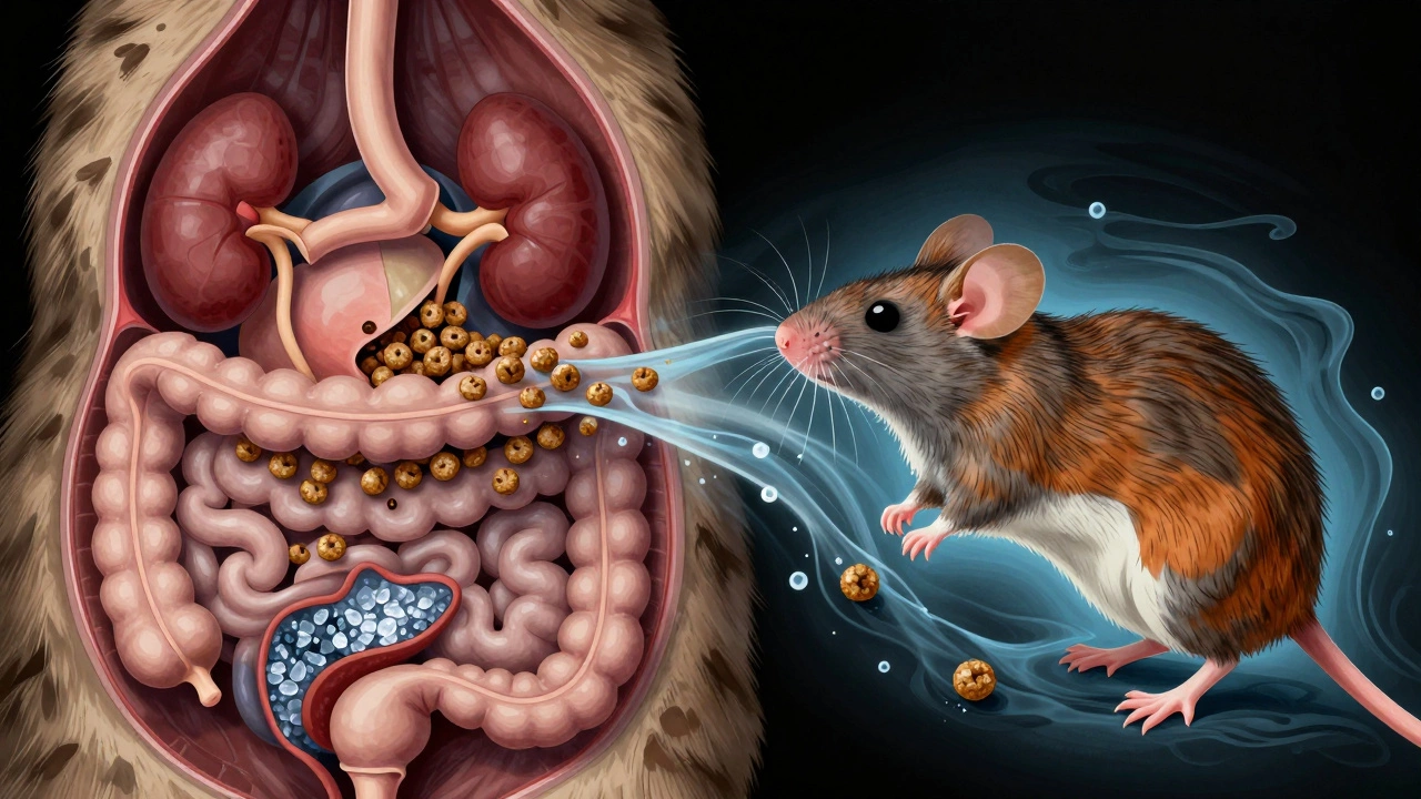Stylized cat digestive system showing dry food vs. natural prey.