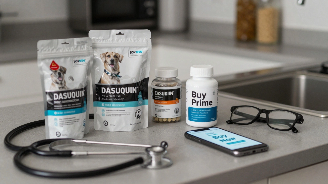 Three dog supplements on a counter with vet tools; Canine Prime lacks lab certification.