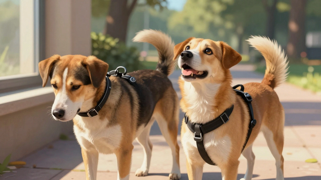 Two dogs side by side — one fearful in a shock collar, one joyful in a harness.