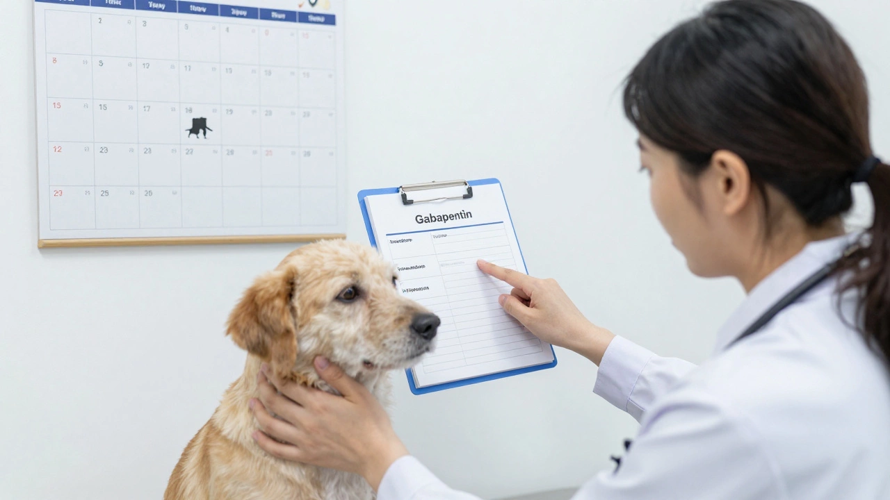 Veterinarian showing medication chart to dog owner during pre-flight consultation.