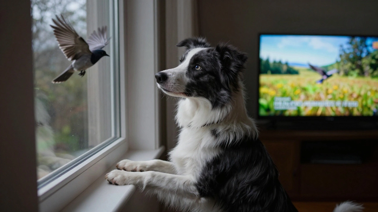 A Border Collie watching a bird fly by outside while a TV plays nearby with similar motion.