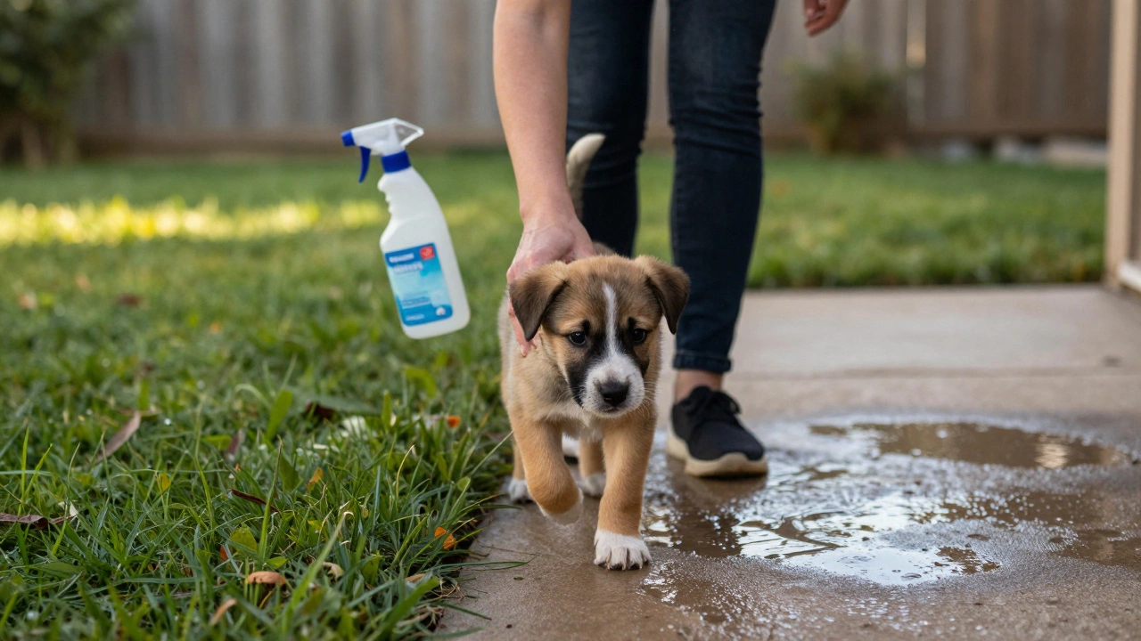 A person carrying a puppy outside to potty while cleaning an indoor accident.