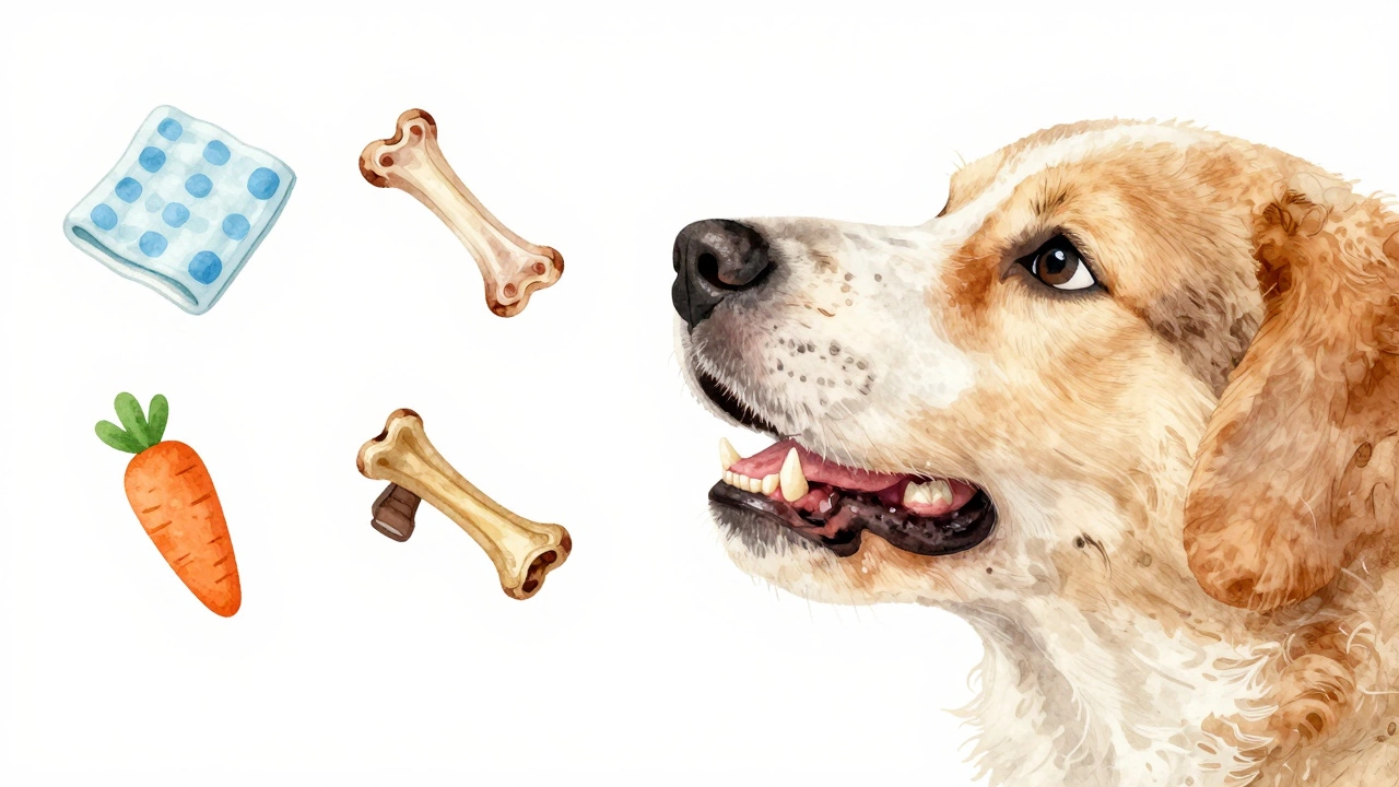 A puppy's developing jaw with safe and unsafe chew items illustrated around it.