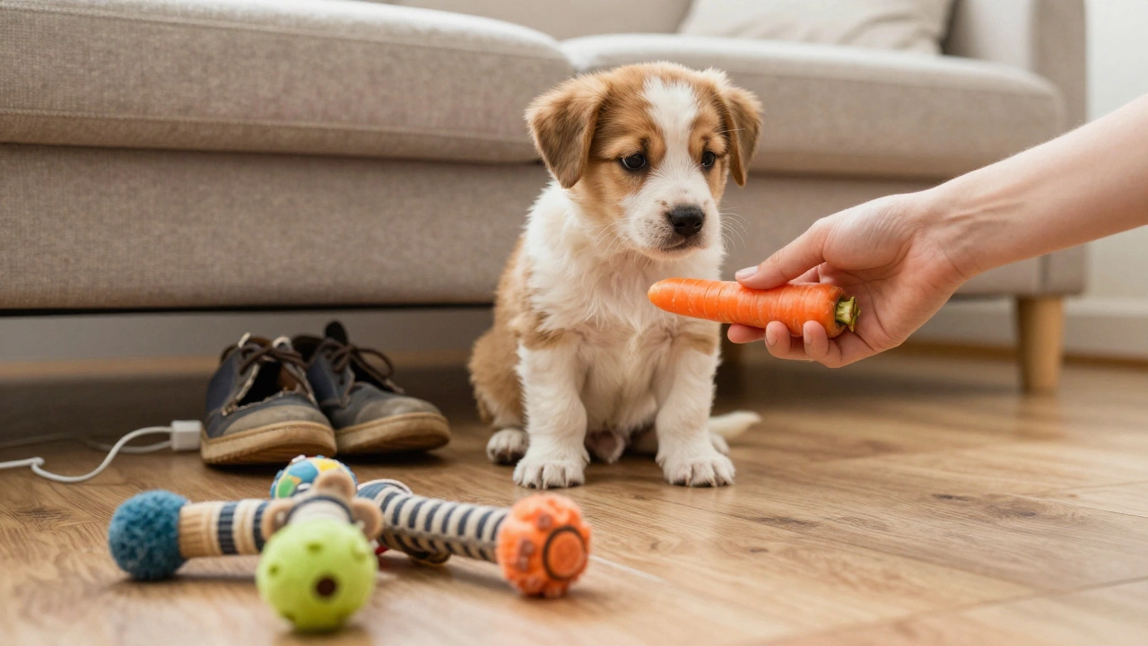 A puppy choosing safe chew toys while dangerous household items are out of reach.