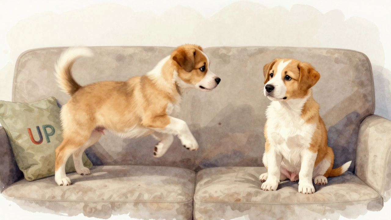 A puppy mid-jump versus calmly waiting beside a couch, illustrating learned behavior.