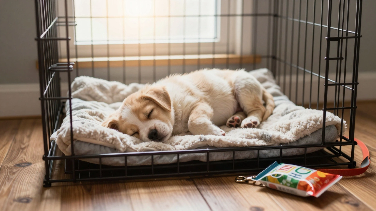 A puppy sleeping peacefully in a properly sized crate with soft lighting.