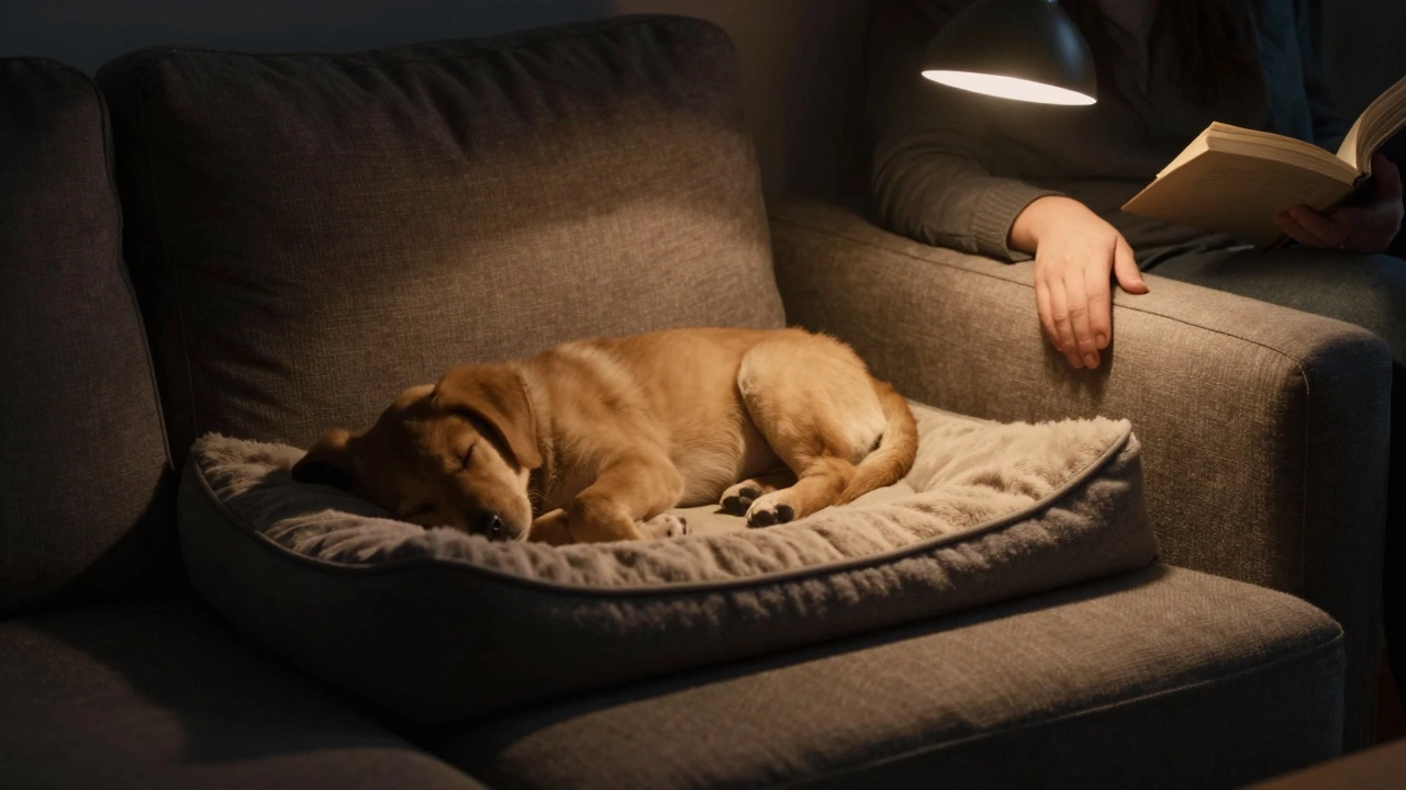 A puppy sleeping peacefully on its own bed next to a closed couch at night.