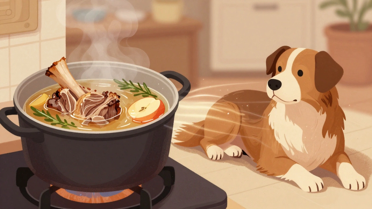 A simmering pot of bone broth with nutrients glowing softly toward a happy dog.