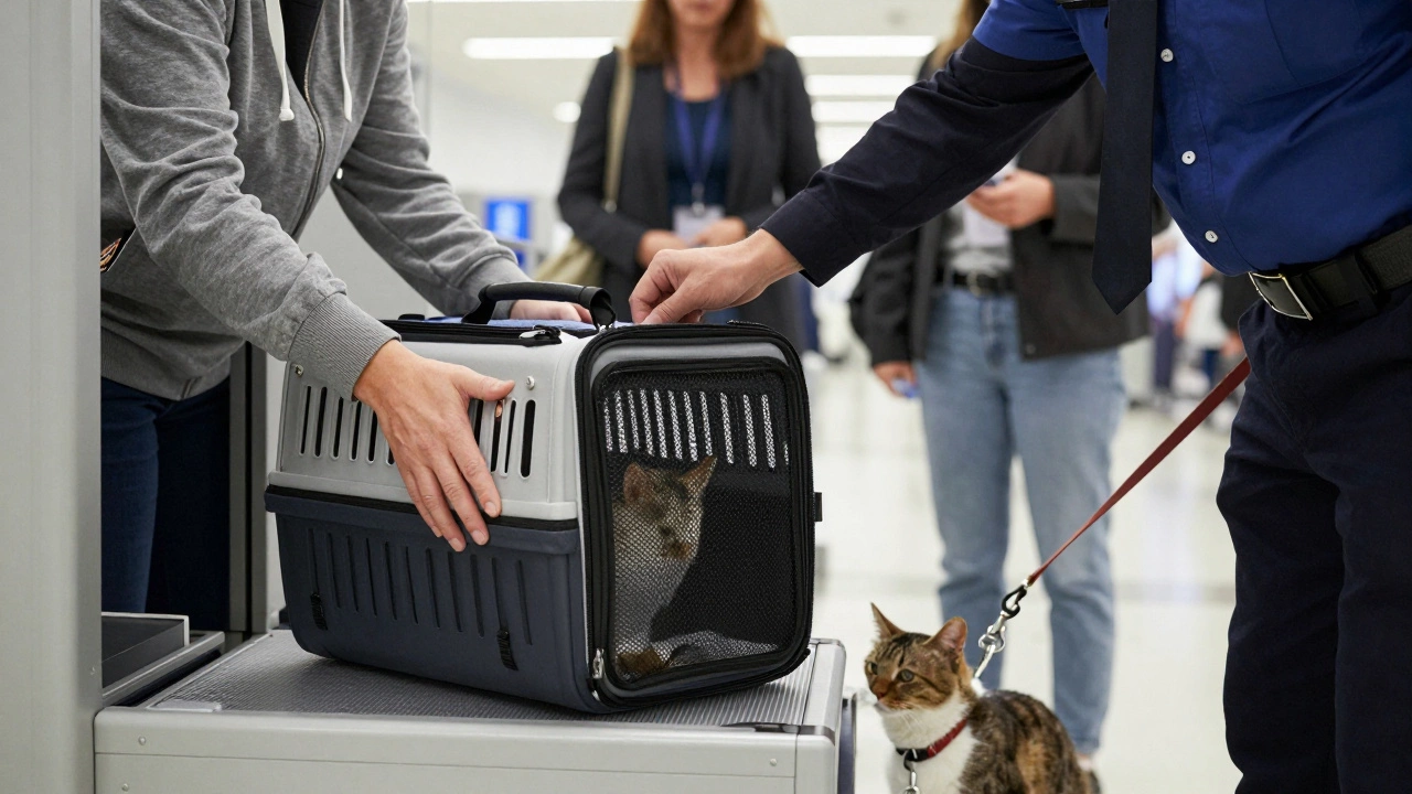 A traveler removes their cat from a carrier at airport security while an agent scans it.