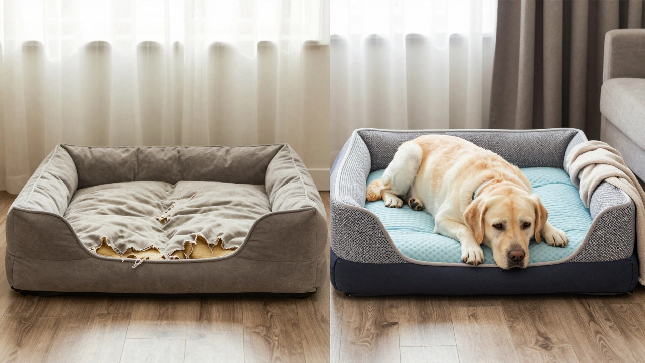 A worn-out dog bed next to a modern orthopedic bed, showing the difference in support for a senior dog.