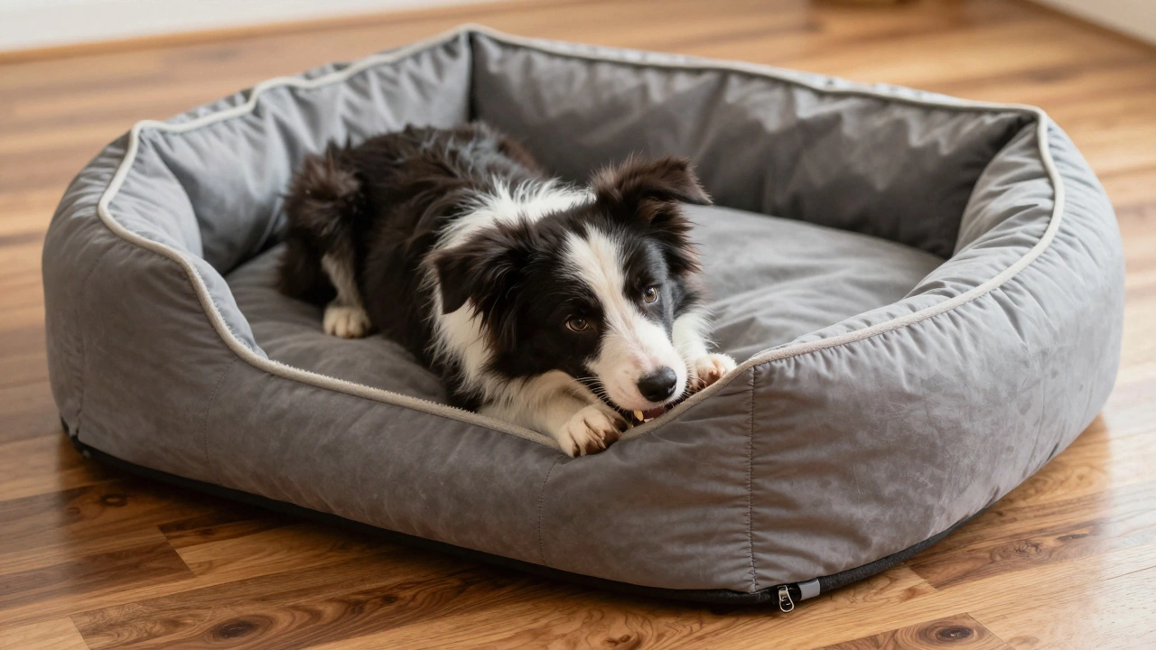 A young Border Collie puppy chewing gently on a durable, double-stitched dog bed with reinforced seams.