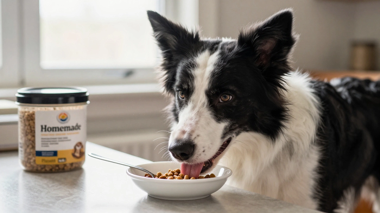 An older dog eating kibble mixed with bone broth, looking eager and content.
