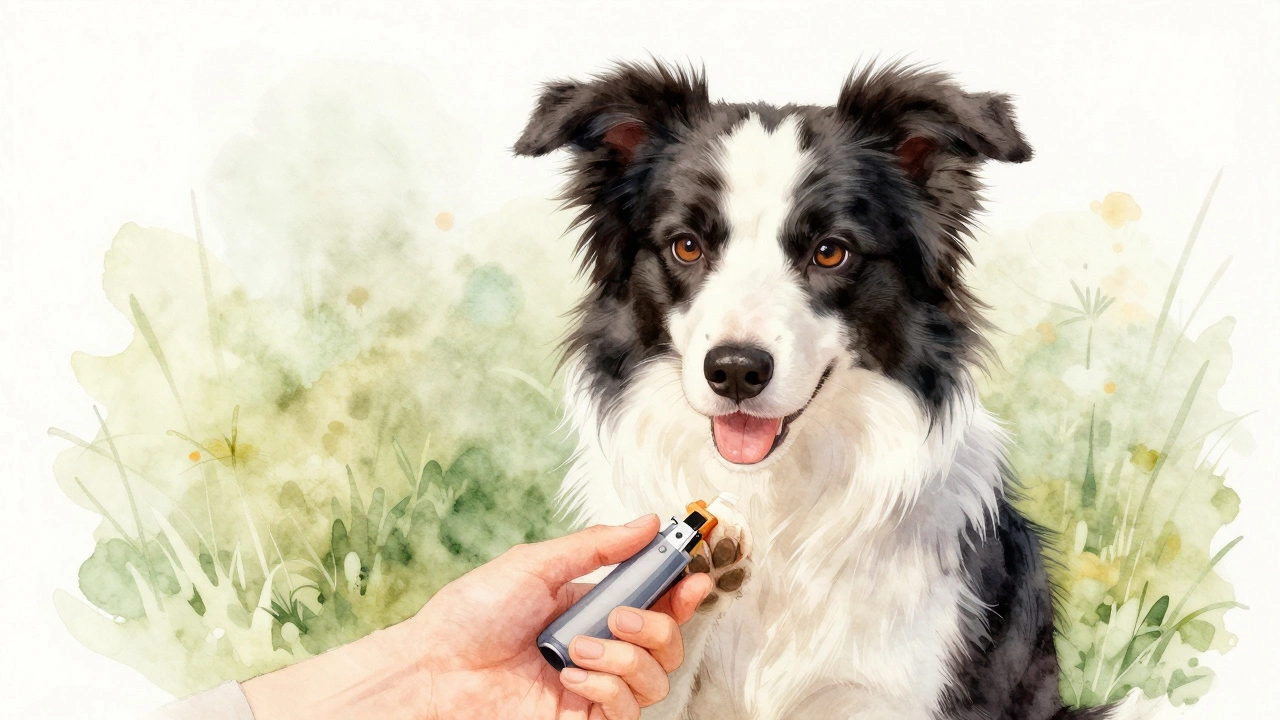 Border Collie calmly holding paw for nail trim with treat.