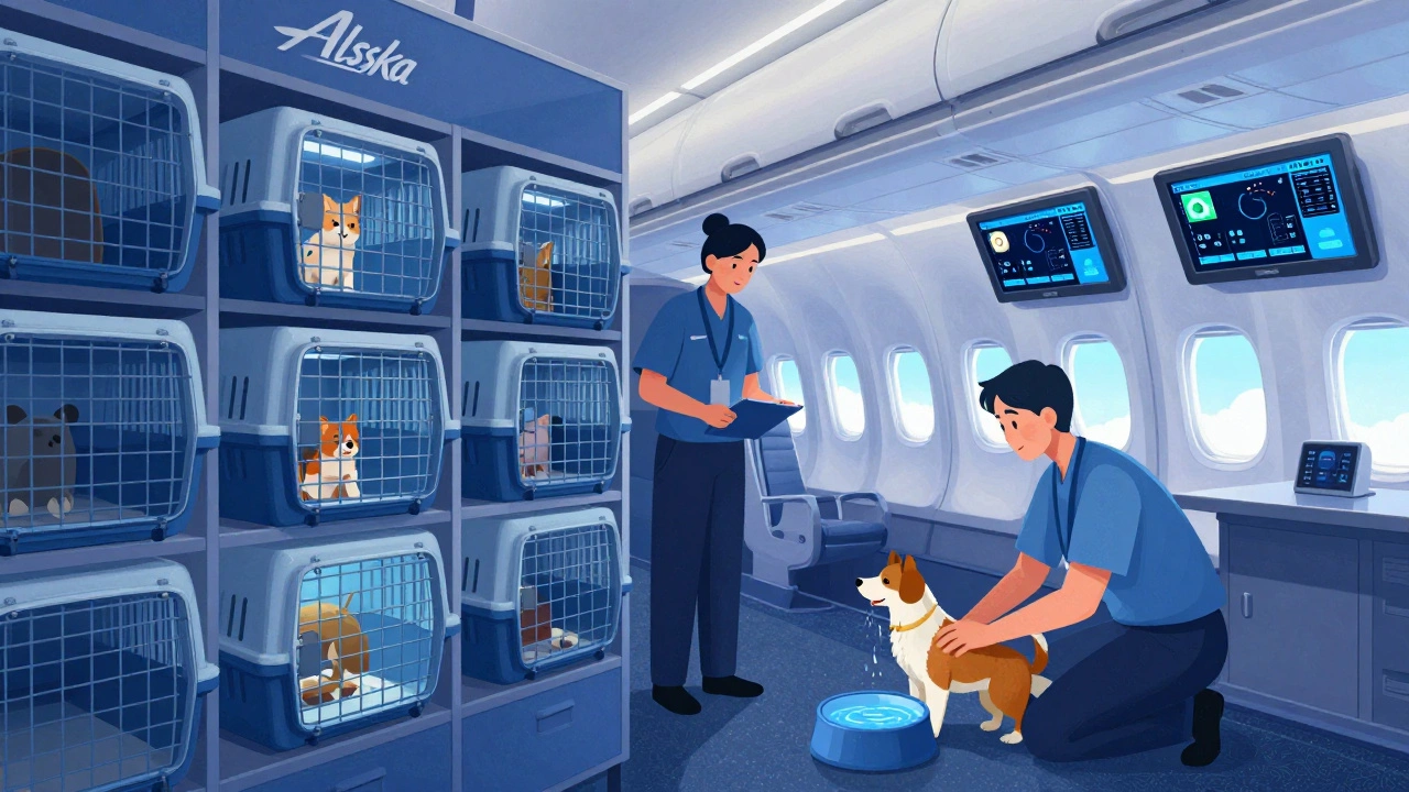 Climate-controlled pet cargo hold with staff checking on crates.