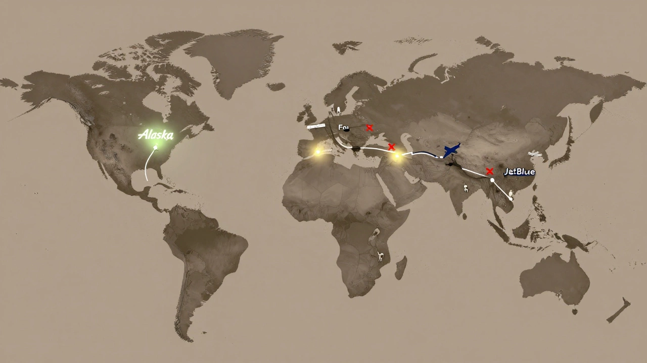Global flight map showing pet-friendly airlines with glowing routes.