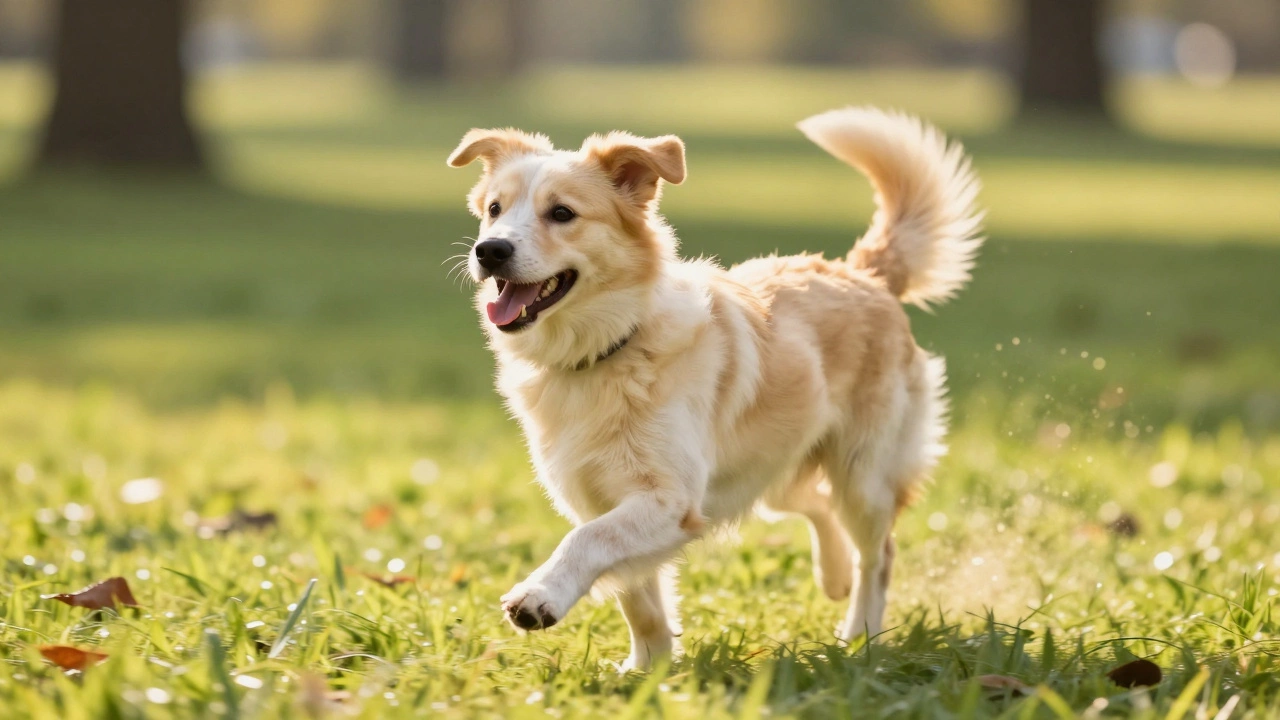 Happy dog running in sunlit park after grooming.