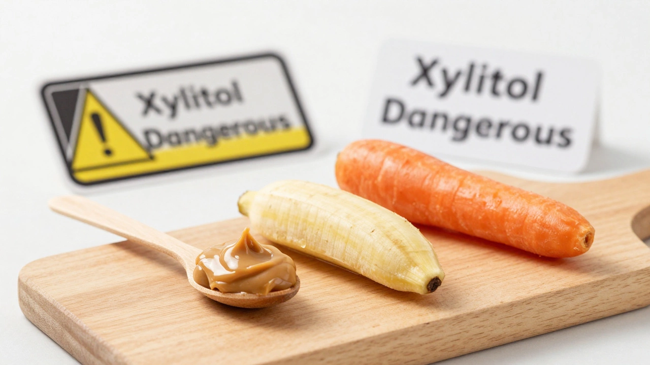 Three safe puppy treats: peanut butter, banana, and carrot with warning label in background