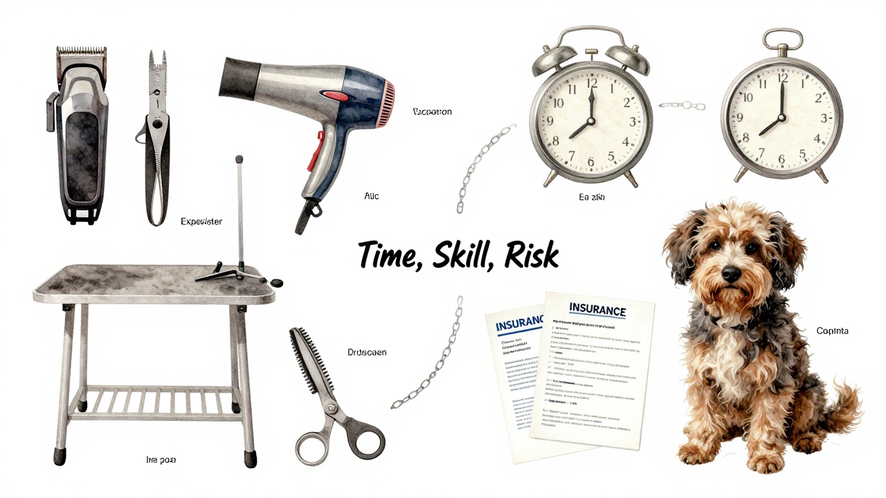 A conceptual split image showing grooming tools, a clock, and insurance papers connected by a chain labeled 'Time, Skill, Risk'.