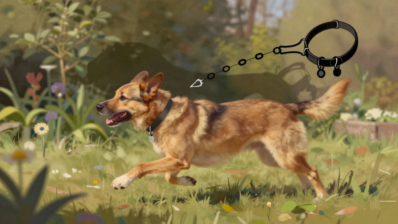 A dog running through a garden wearing a breakaway collar, with a symbolic snapped collar in the background.