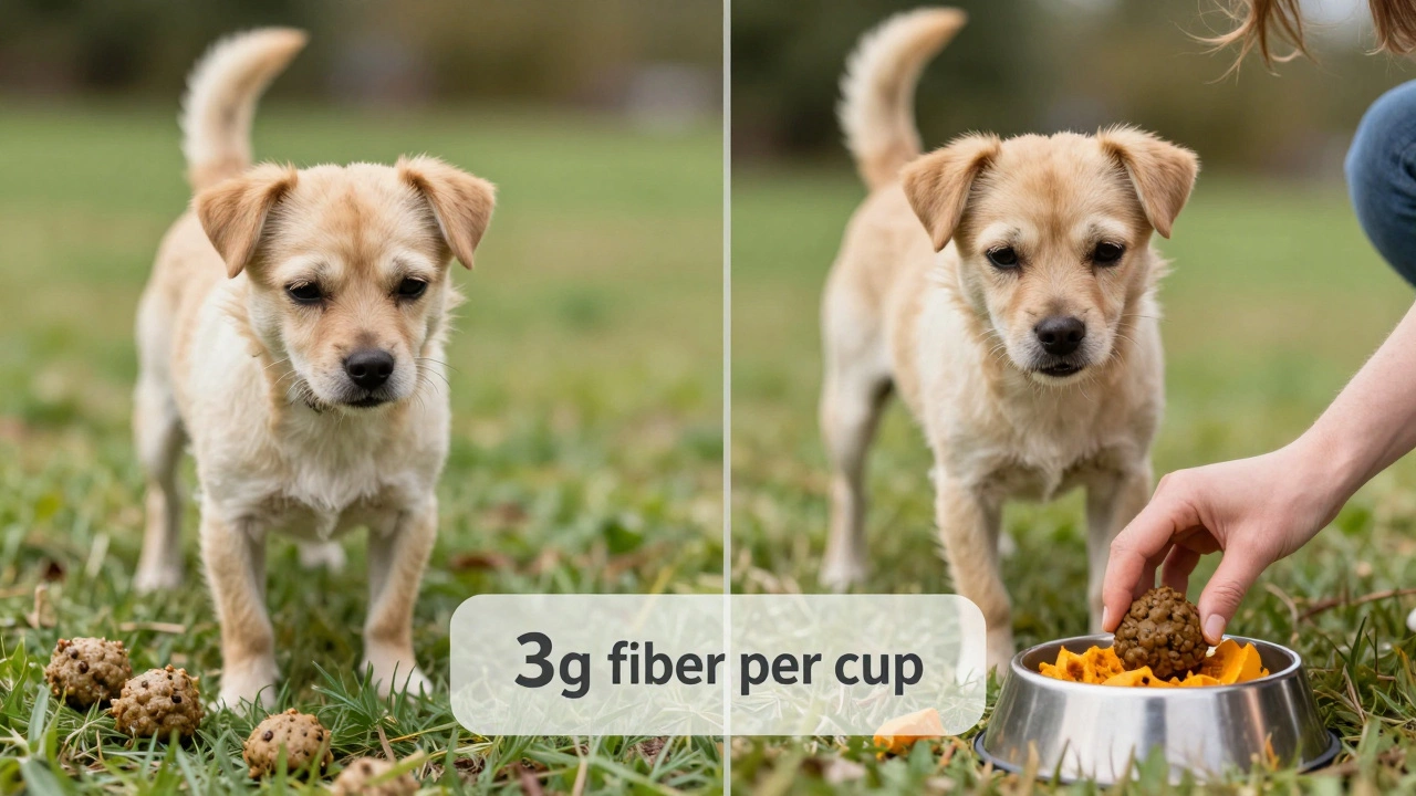 A dog with normal stool beside one with loose stool, showing pumpkin’s digestive effect.