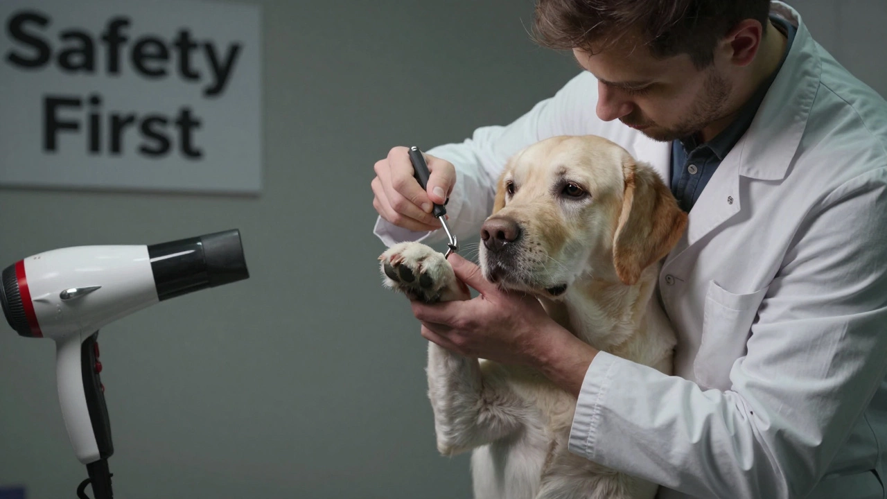 A groomer gently trims a Labrador's nails while the dog shows signs of nervousness.