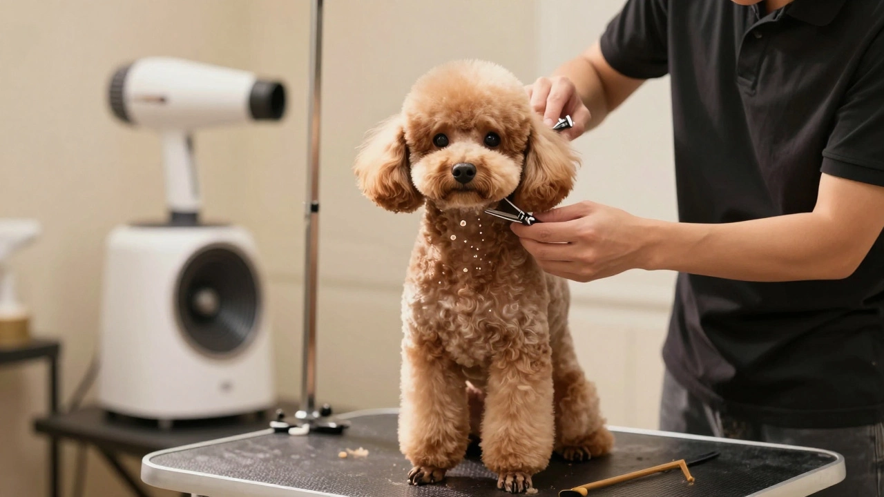A groomer hand-scissoring a Poodle's teddy bear cut with precision and care.