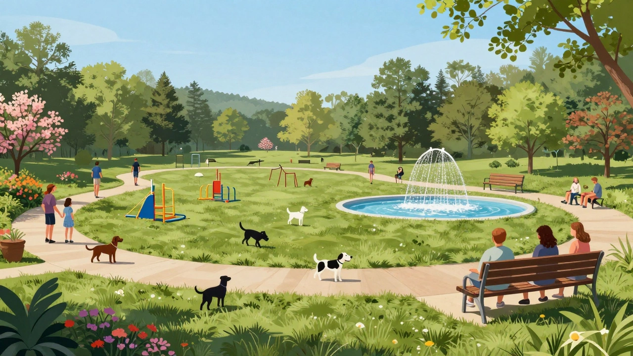 A spacious, well-maintained dog park with agility equipment, a splash pad, and owners socializing under shaded benches.