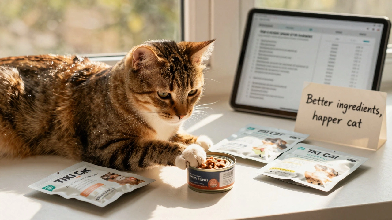 Cat resting on windowsill beside empty sample packs of premium cat food, with glossy coat and warm sunlight.