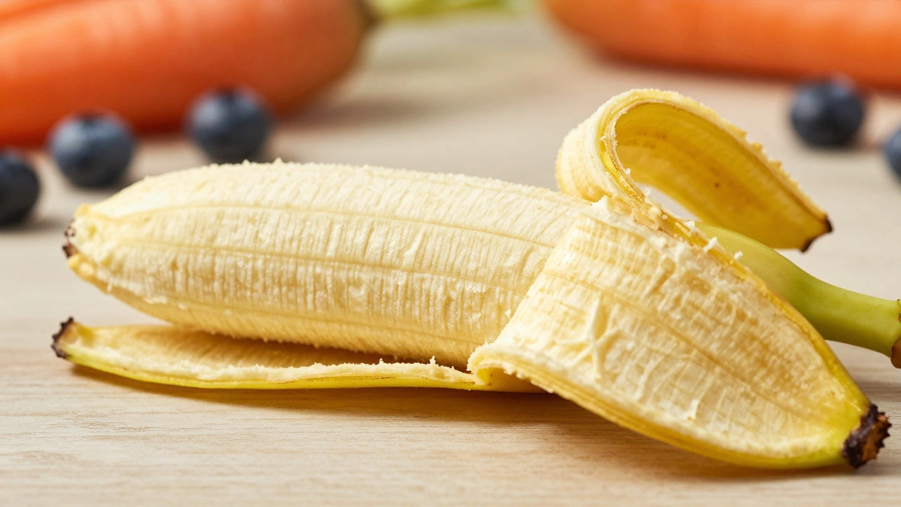 Close up photo of peeled banana fruit next to the discarded fibrous peel.