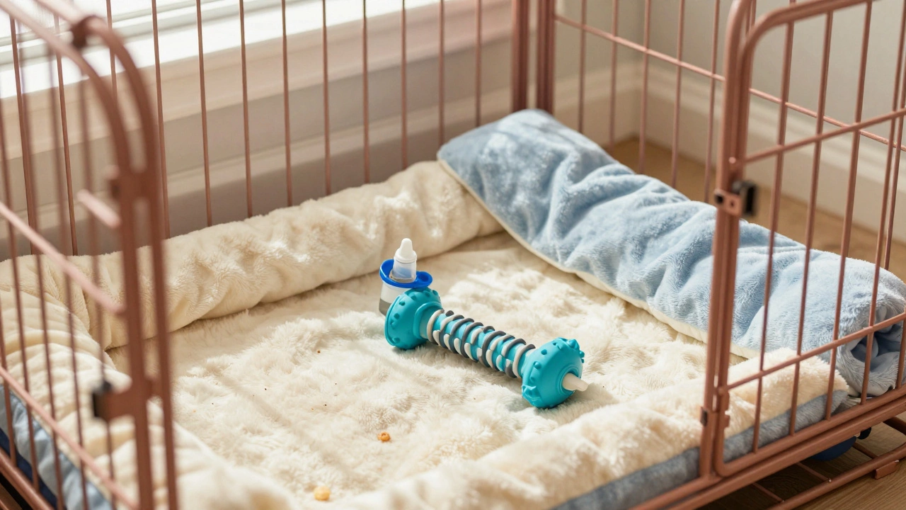 Crate interior with bedding, blanket cover, and safe chew toys arranged neatly