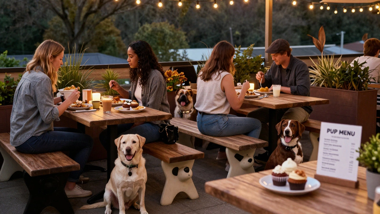 Dogs sitting calmly on pet-friendly benches at a restaurant patio, with treats and warm lighting creating a welcoming scene.