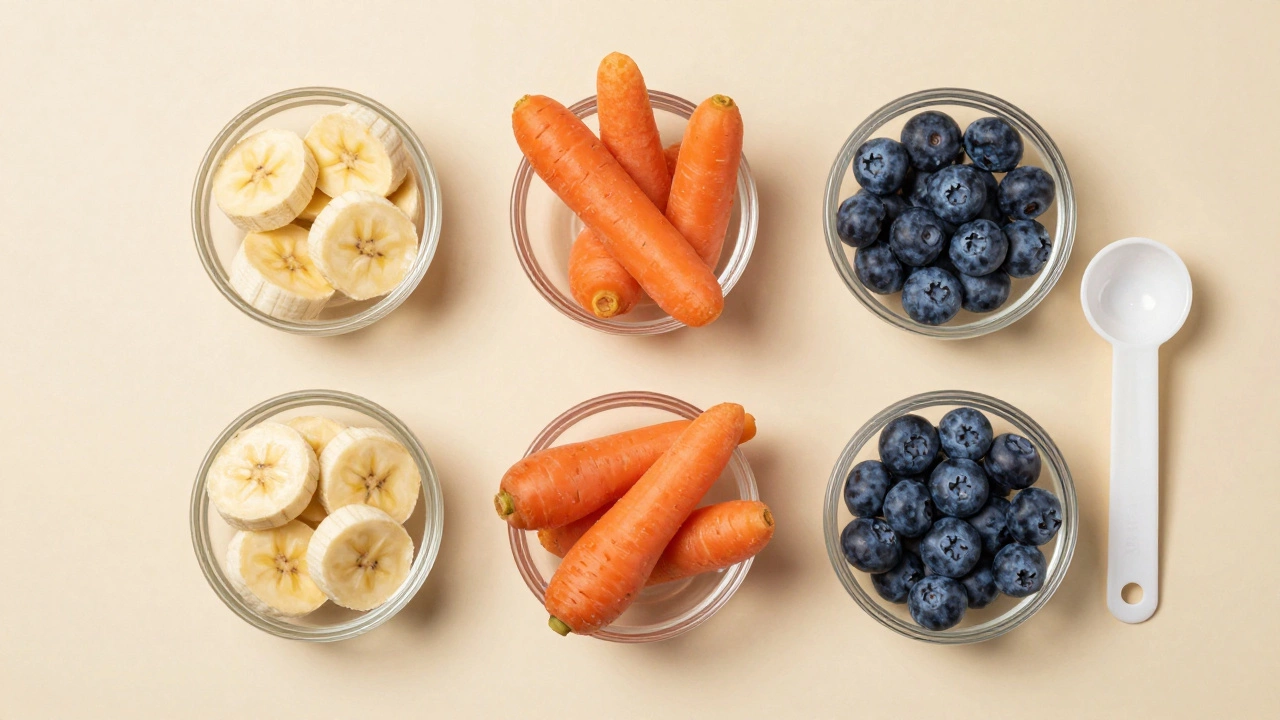 Flat lay of various healthy dog snacks like carrots and blueberries.
