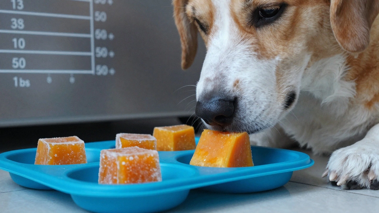 Frozen pumpkin cubes on a tray with a dog sniffing one, near a weight guide.