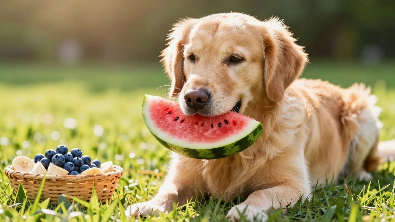 Golden Retriever eating safe watermelon slice outdoors