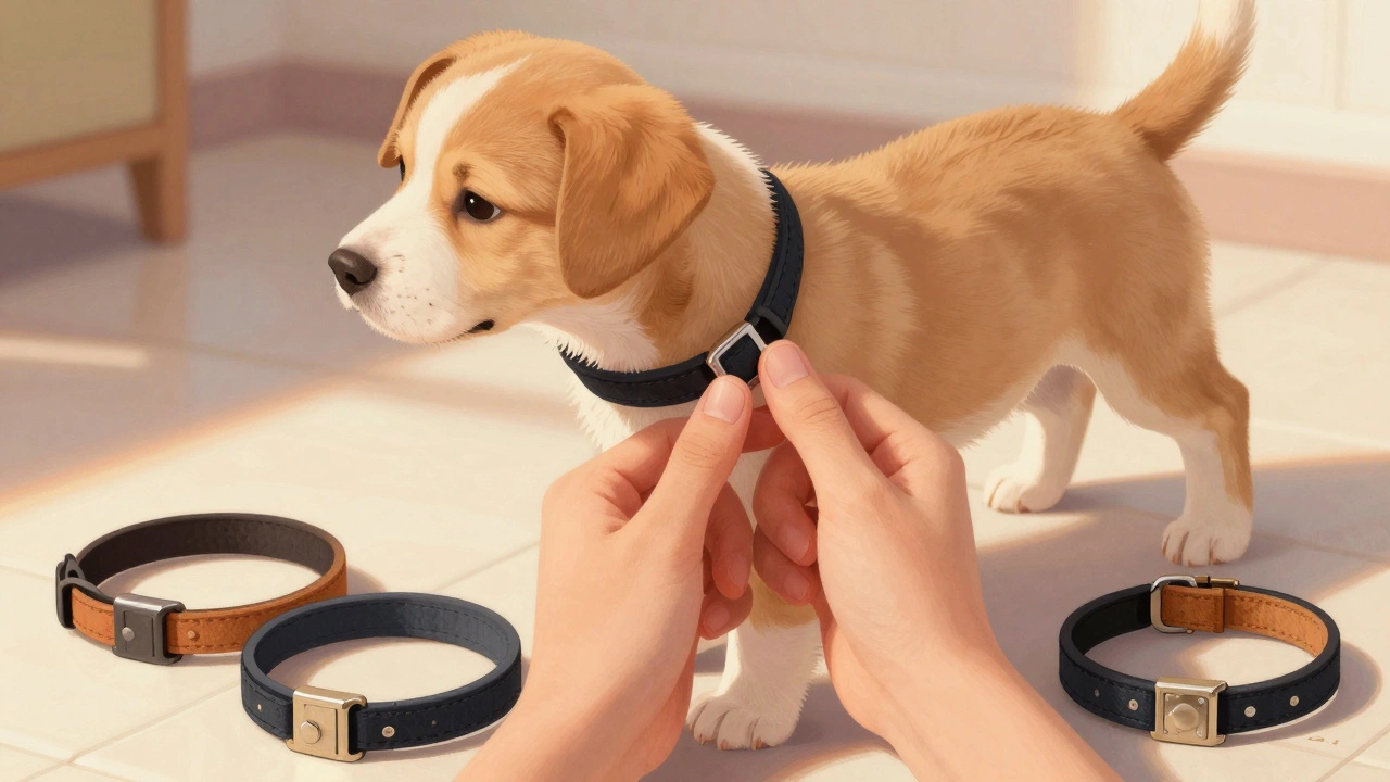 Hand checking collar fit on a puppy with discarded collars nearby
