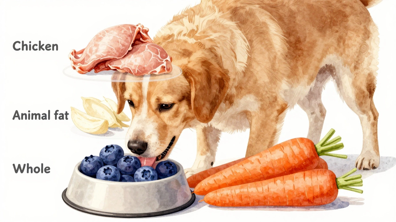 Illustration showing ingredient hierarchy in dog food: protein, fat, and whole vegetables in layered visual form.