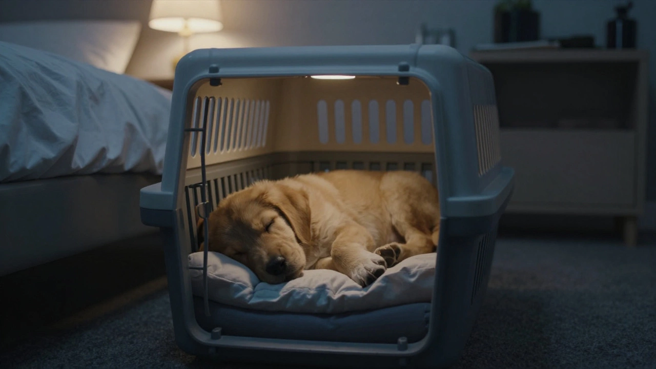 Peaceful puppy napping in plastic kennel next to bedroom bed