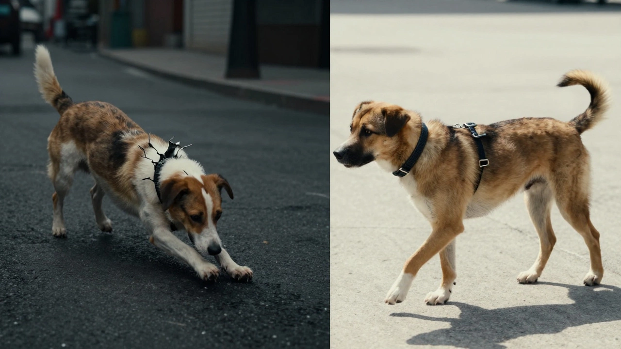 Split-screen: dog escaping through damaged collar vs. safe with new collar
