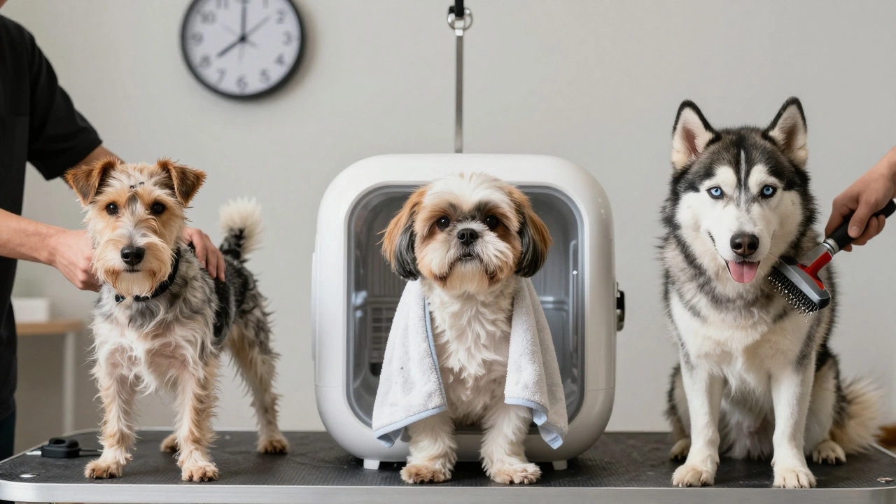 Three dogs at different stages of grooming: one paused, one drying, one being de-shedded.