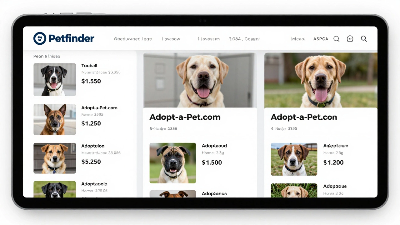 Three pet adoption websites displaying detailed pet profiles with medical info.