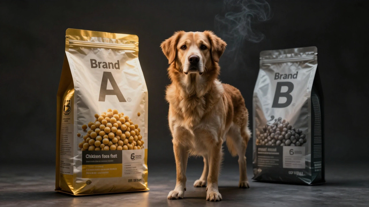 Two dog food bags side by side: one with clear, high-quality ingredients lit in gold, the other obscured in shadow.