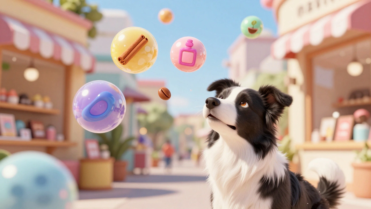 A Border Collie experiencing a variety of scents in a shopping environment.