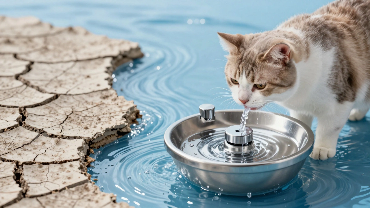 A cat exploring a modern stainless steel water fountain