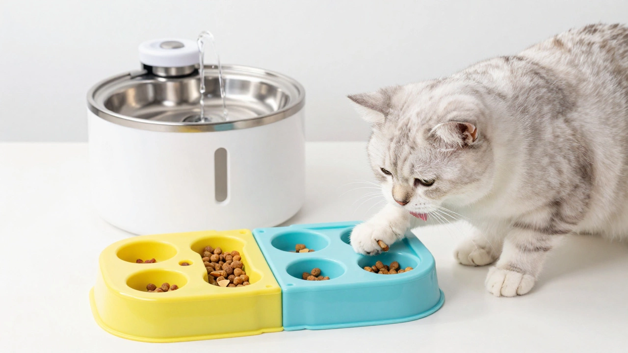 A cat using a puzzle feeder next to a water fountain in a bright room.