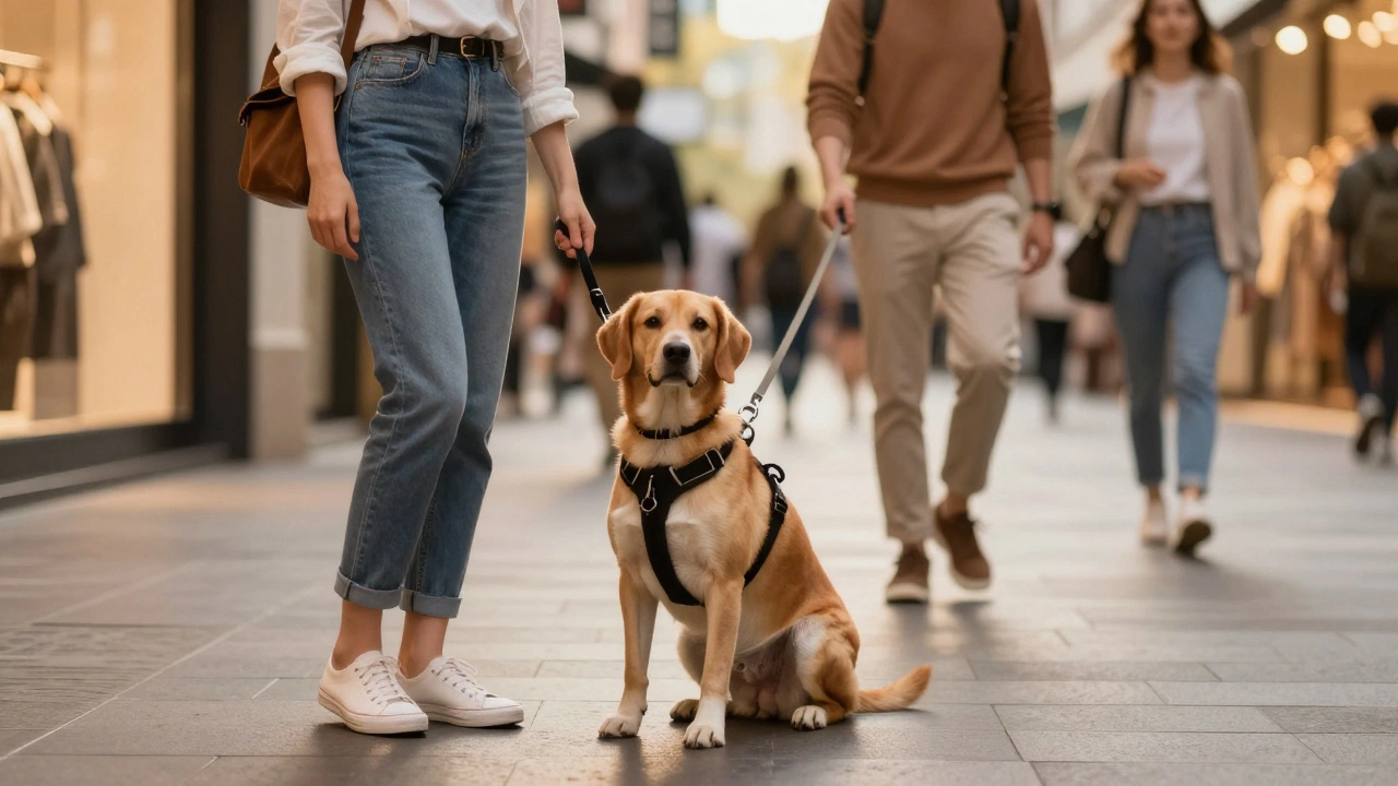 A dog in a front-clip harness walking calmly in a high-end shopping district.